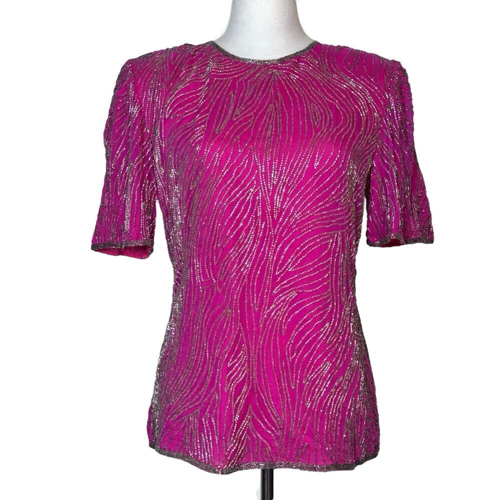 Vintage Y2K Silk Beaded Blouse Top Size M Fuchsia Fairy Whimsical Celestial